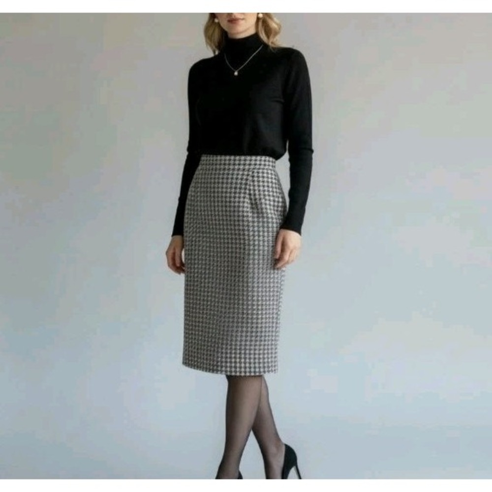 Vintage Plaid Skirt Pencil Size 29" Academia Preppy Houndstooth Gray Cream Lined